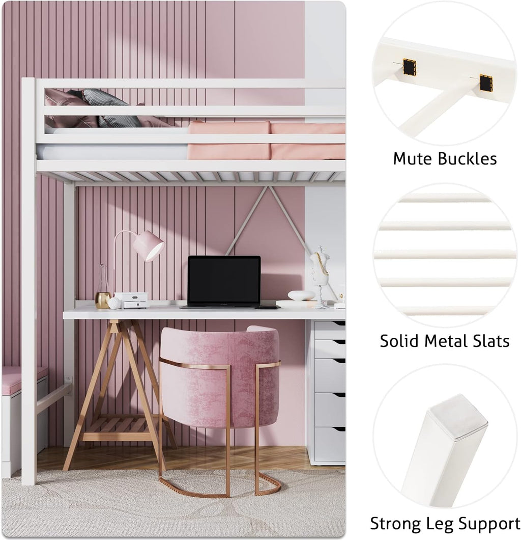 SHA CERLIN Loft Bed Twin Size with Ladder and Guardrail,Heavy Duty Metal Slats Support No Box Spring Needed Small Space Saving Furniture for Bedroom Dorm,White