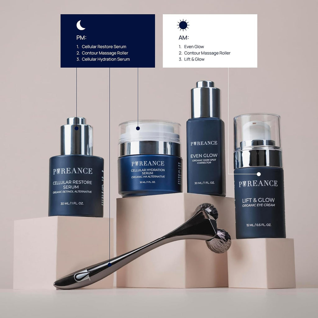 Pureance Mature Glow Gift Box - Mothers Day Gifts Skin Care Set for Women - Bakuchiol Plumping Serum, Dark Spot Corrector, Under Eye Cream, Hydrating Serum, Derma Roller Facial Skincare Routine