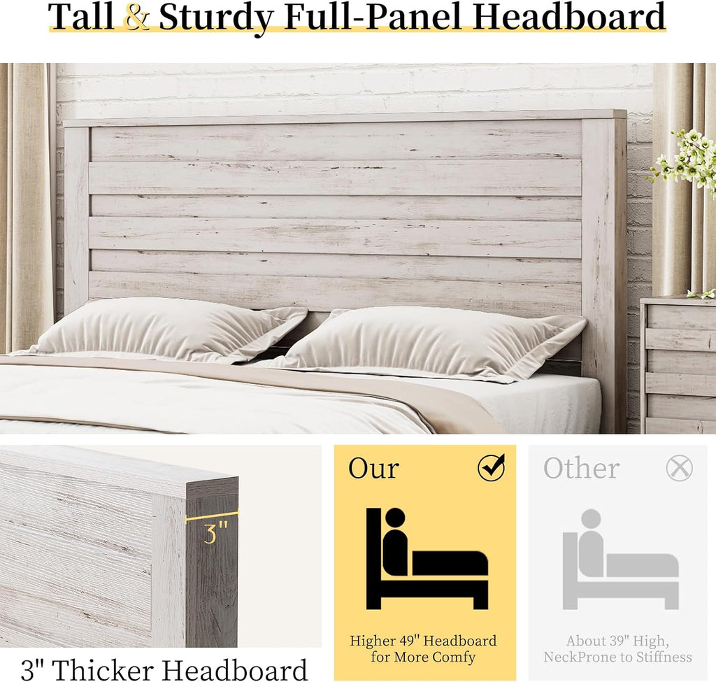 LUXOAK Farmhouse Full Bed Frame with 49' Tall Headboard, Wooden Platform Bed with Hidden Metal Bed Frame, No Box Spring Needed/Noise Free, Distressed White