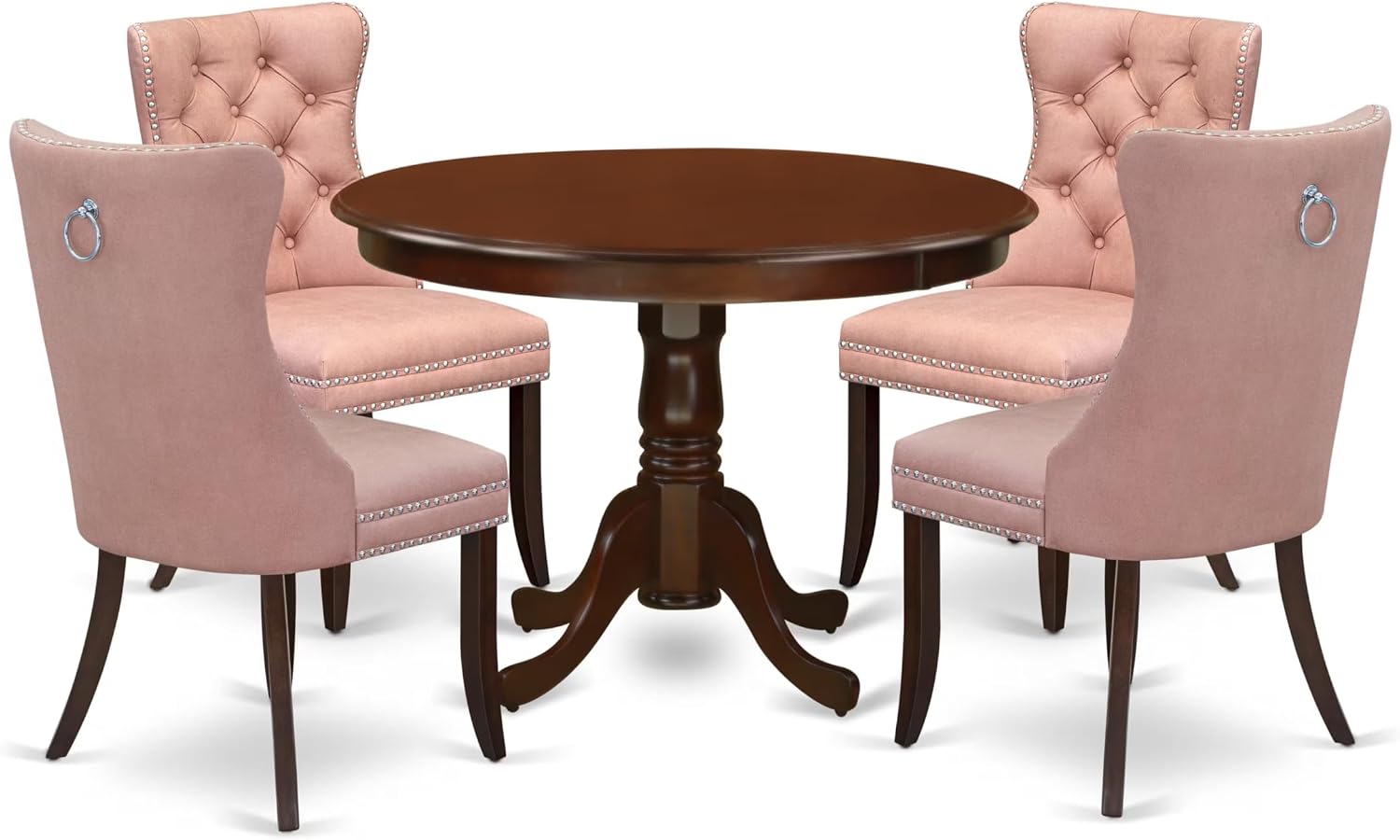 East West Furniture HLDA5-MAH-23 5 Piece Dining Table Set Includes a Round Kitchen Table with Pedestal and 4 Polyester Fabric Upholstered Parson Chairs, 42x42 Inch, Mahogany