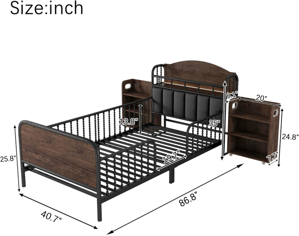 Modern Upholstered Platform Bed Frame with App Controlled LED Lights Storage Headboard Full Length Guardrails Low Profile Design Metal Structure for Bedroom (Black+Storage Shelves,Twin)