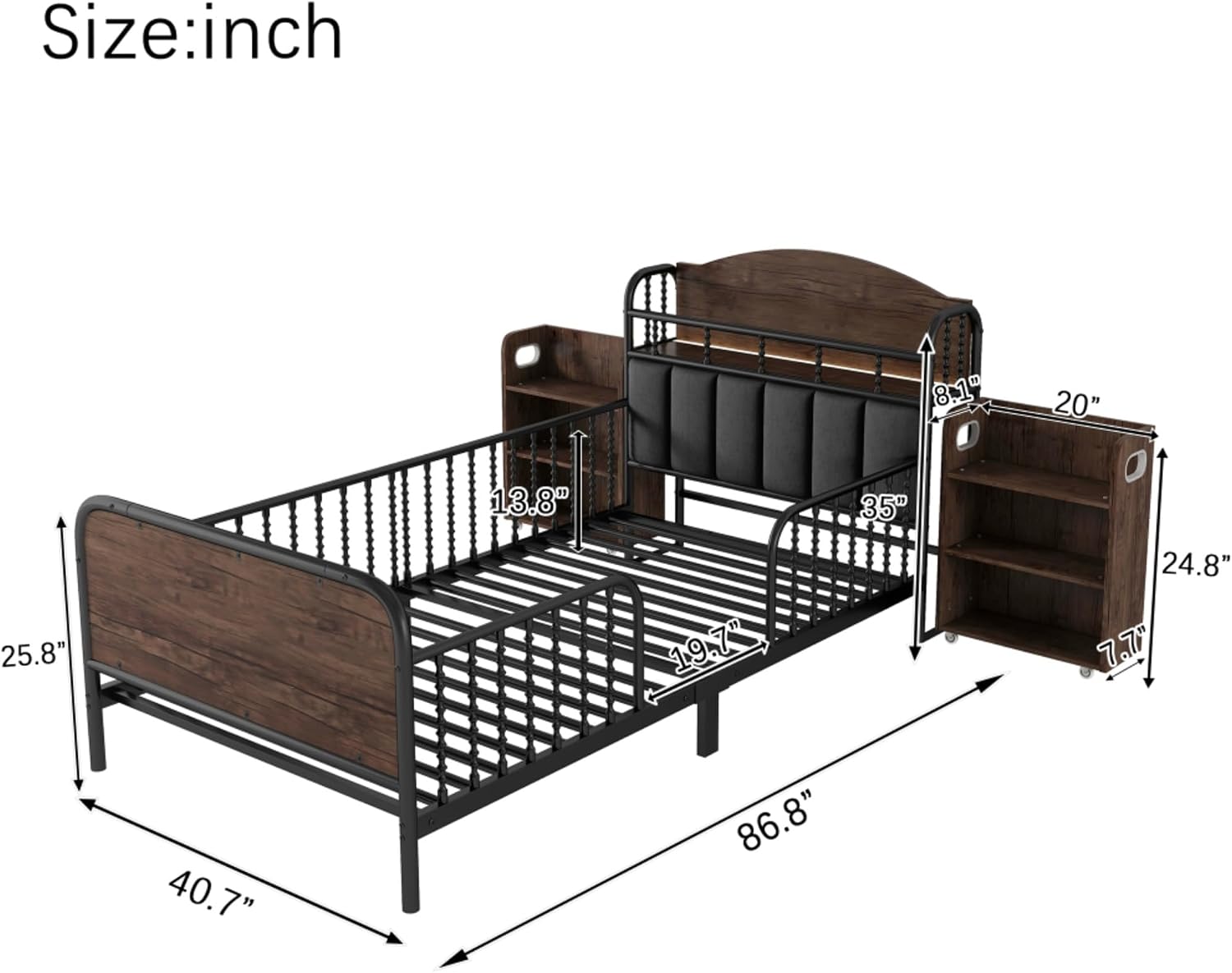 Modern Upholstered Platform Bed Frame with App Controlled LED Lights Storage Headboard Full Length Guardrails Low Profile Design Metal Structure for Bedroom (Black+Storage Shelves,Twin)