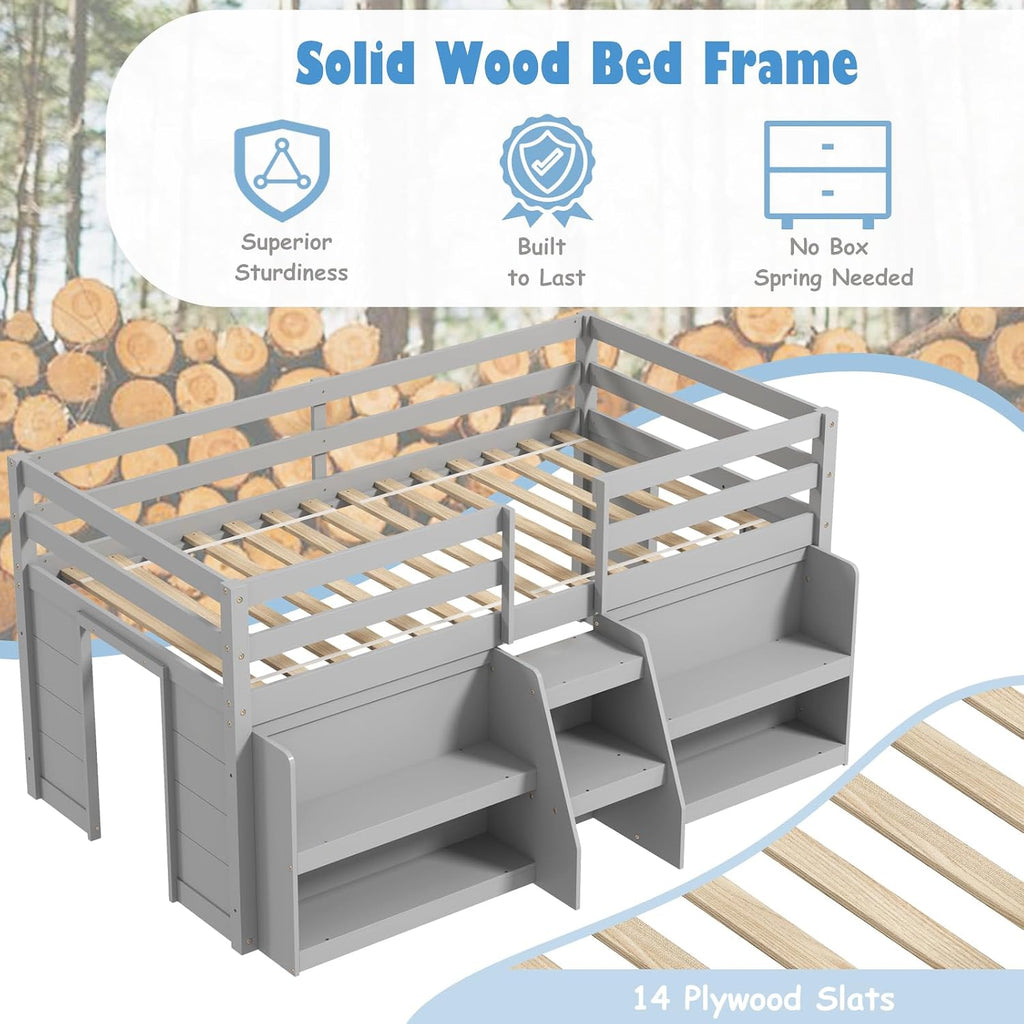 KOMFOTT Low Loft Bed with LED Light & 2 Bookcases, Wood Kids Twin Bed with Under-Bed Play Space, Stairs & Guardrails, No Box Spring Needed, Modern Low Loft Bed Frame, Grey