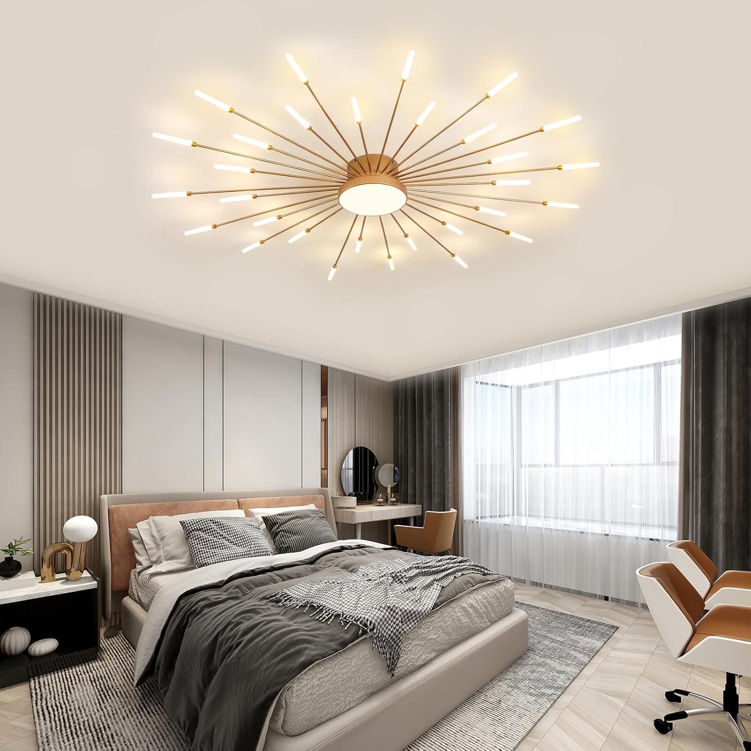 ziidoo Modern Ceiling Light,30+1 Lights Metal Firework Designed Chic Led Lighting Fixture for Farmhouse Kitchen Dining Room Bedroom Hallway Living Room (Gold and Dark Gold)