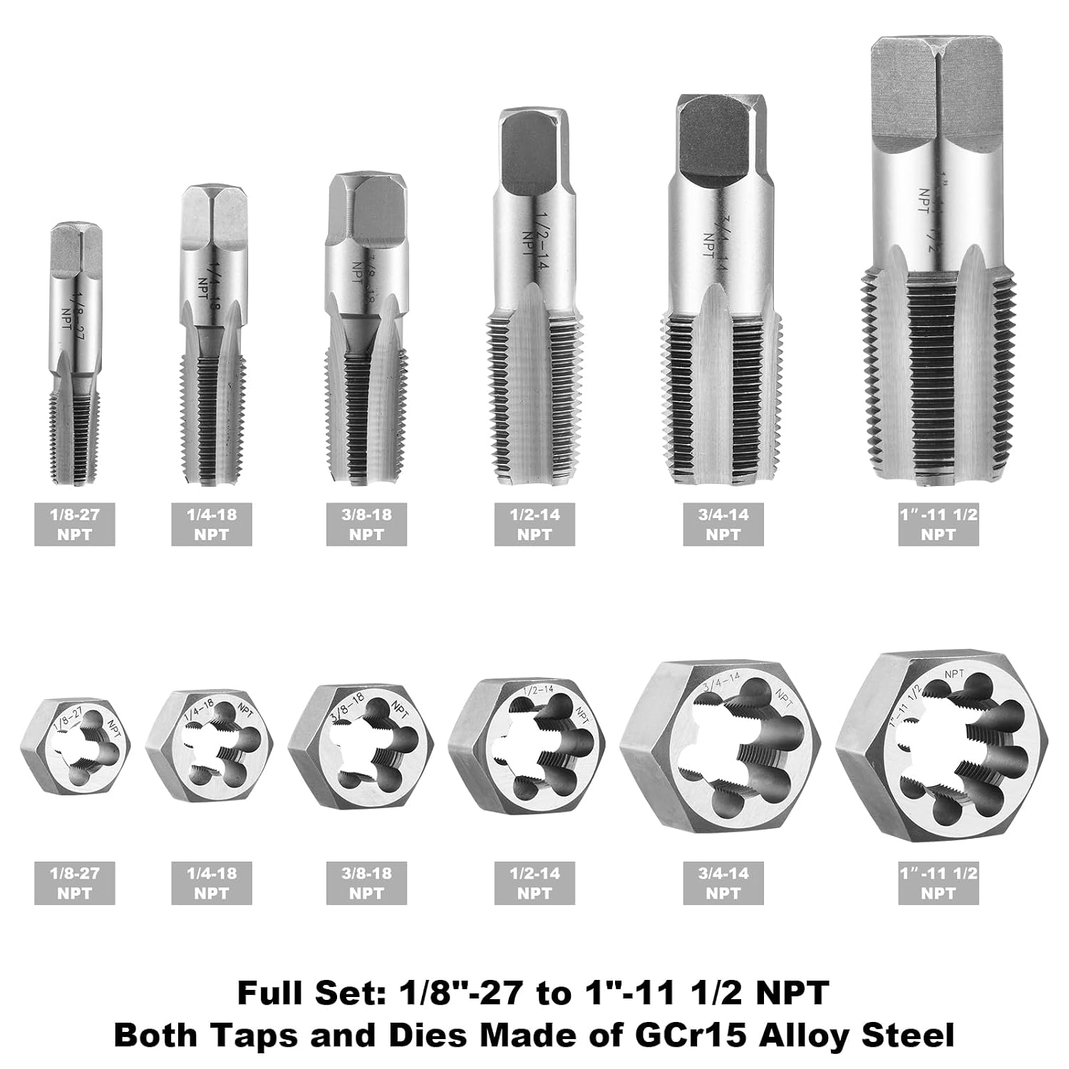 NPT Tap and Die Set – 1/8' to 1' Pipe Threading Tool Kit, GCr15 Alloy Steel Taper Tap and Hex Die Set with Storage Case for NPT Thread Repair and Cutting