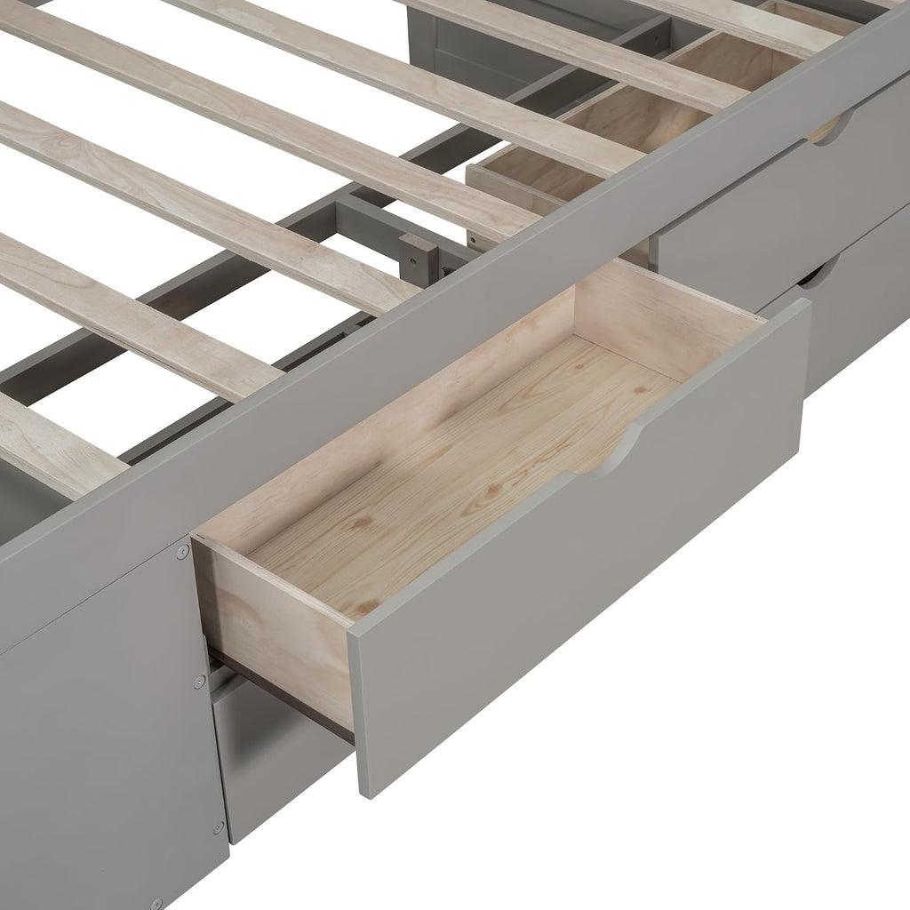 Twin Size Daybed with 4 Pull-Out Drawers and 3 Functioning Shelves,Solid Wood Day Bed Frame with Wooden Slats Support for Bedroom,No Box Spring Required (Gray-AB40)