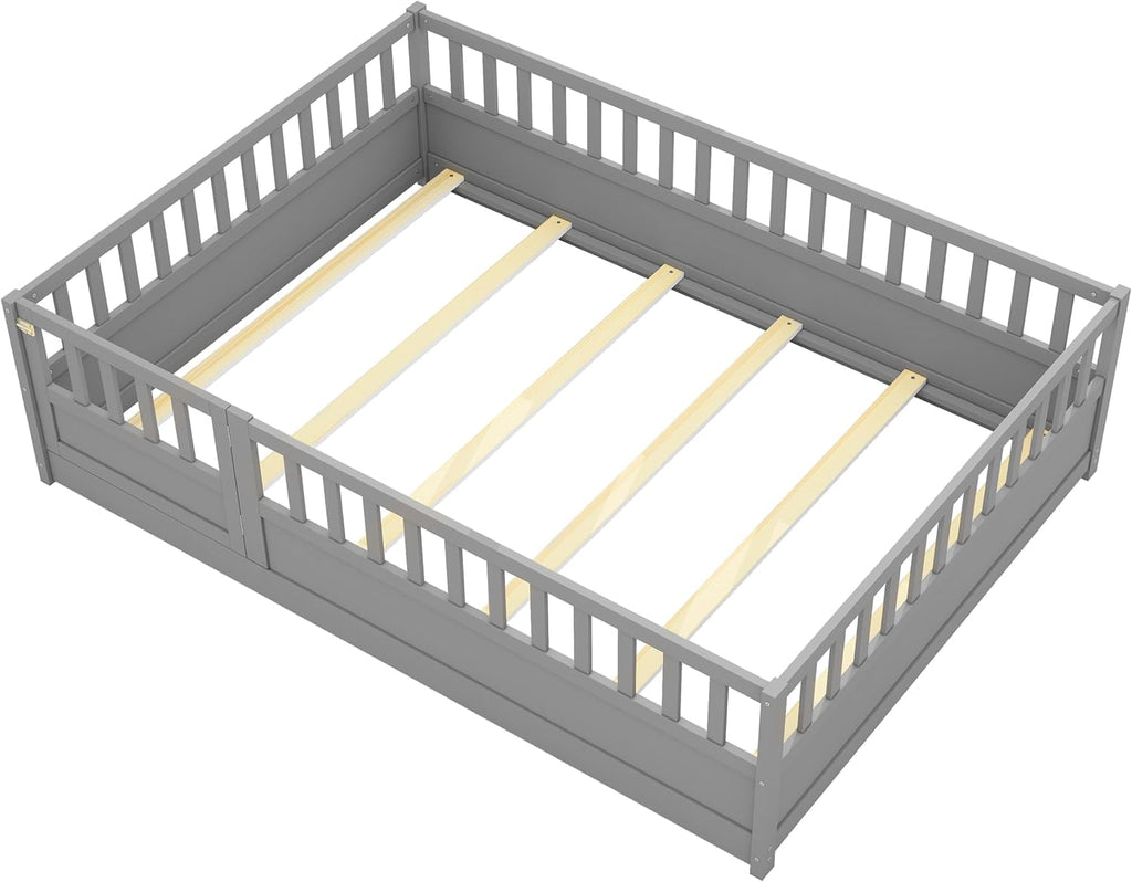 Bellemave Full Size Floor Bed with Slats and Door, Full Size Montessori Floor Bed with Rails, Easy Assemble Montessori Beds Frame for Bedroom, Gray