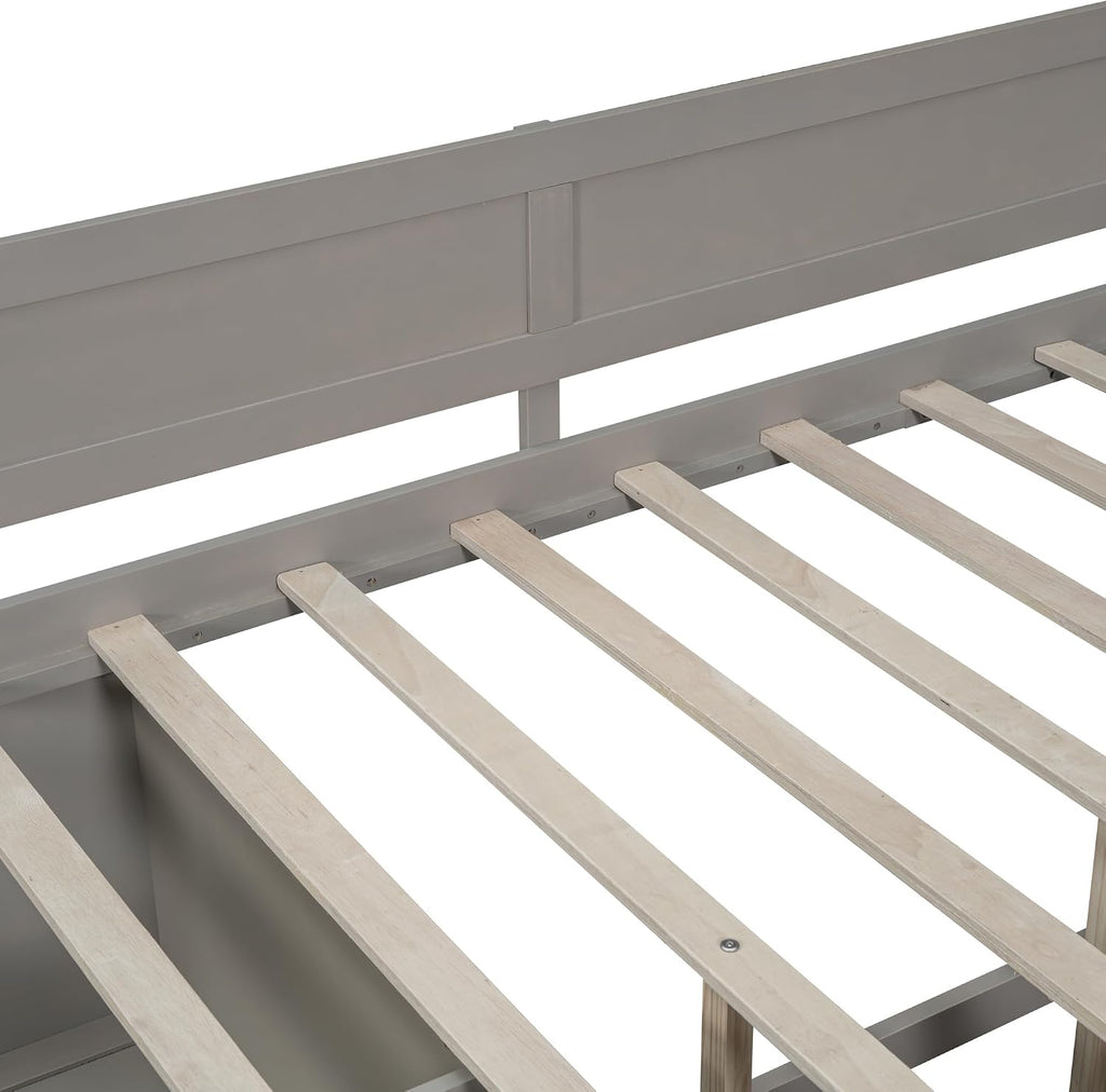 Full Size Daybed with 4 Pull-Out Drawers and 3 Functioning Shelves,Solid Wood Day Bed Frame with Wooden Slats Support for Bedroom,No Box Spring Required (Gray-AB41)