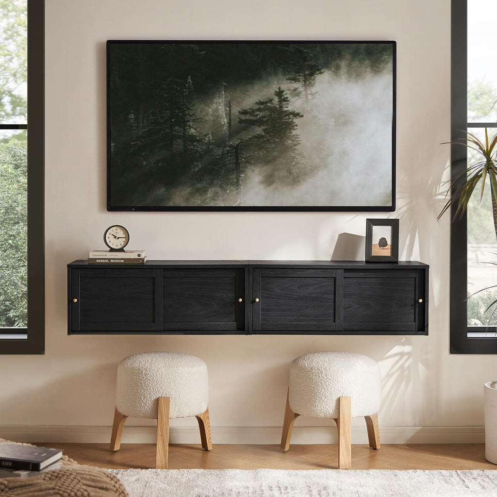 mopio Lauren Floating TV Shelf, Multi-Purpose Modular Under TV Display Shelf, Wall Mounted Wood Television Cabinet, Nightstand, Side Table, End Table, Bedside Shelves for Bedroom (Black, 62', Twin)