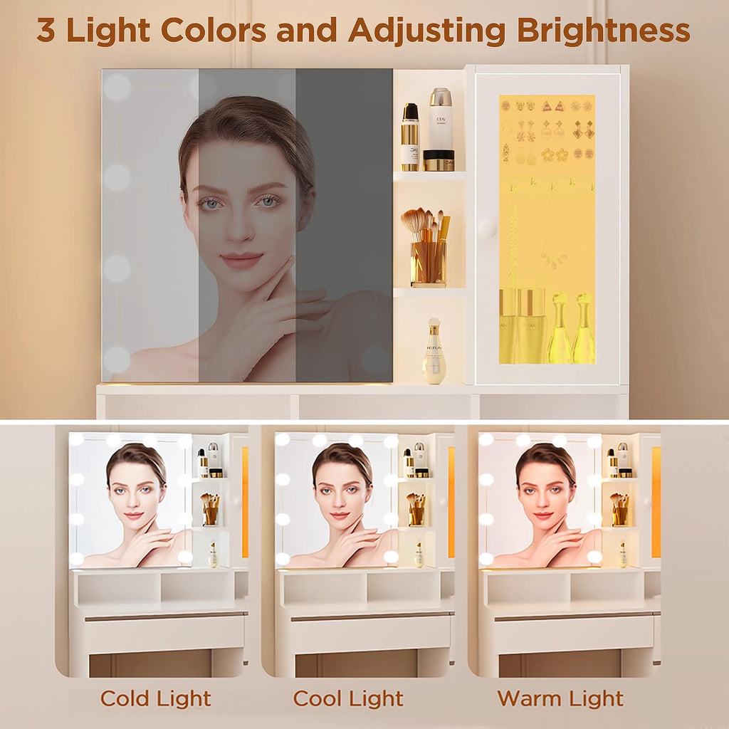 ERLEJIA Vanity Desk with LED Lights Mirror, Makeup Table with Power Outlet for Ladies and Girls, 35.43' RGB Light Makeup Desk with 6 Storage Drawers for Bedroom, White 2