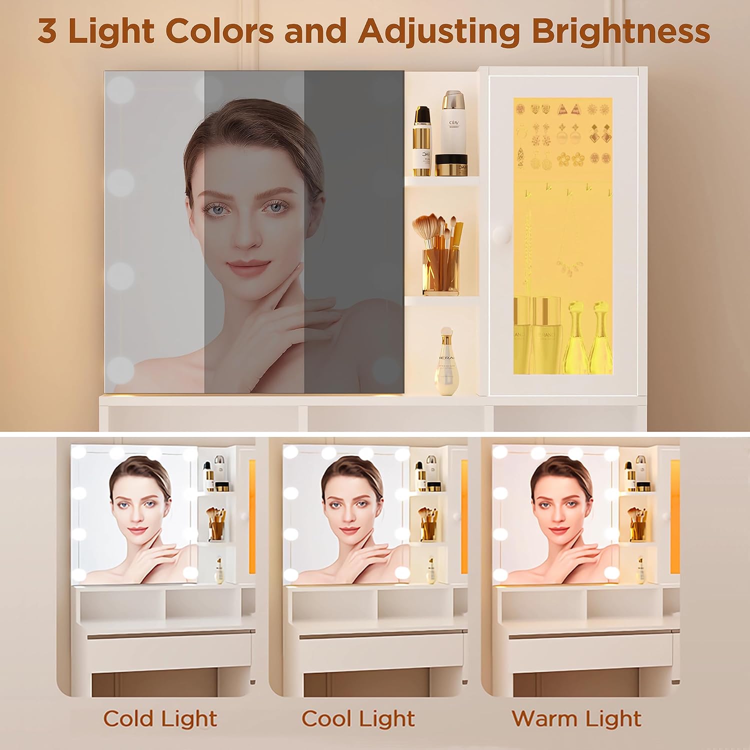 ERLEJIA Vanity Desk with LED Lights Mirror, Makeup Table with Power Outlet for Ladies and Girls, 35.43' RGB Light Makeup Desk with 6 Storage Drawers for Bedroom, White 2