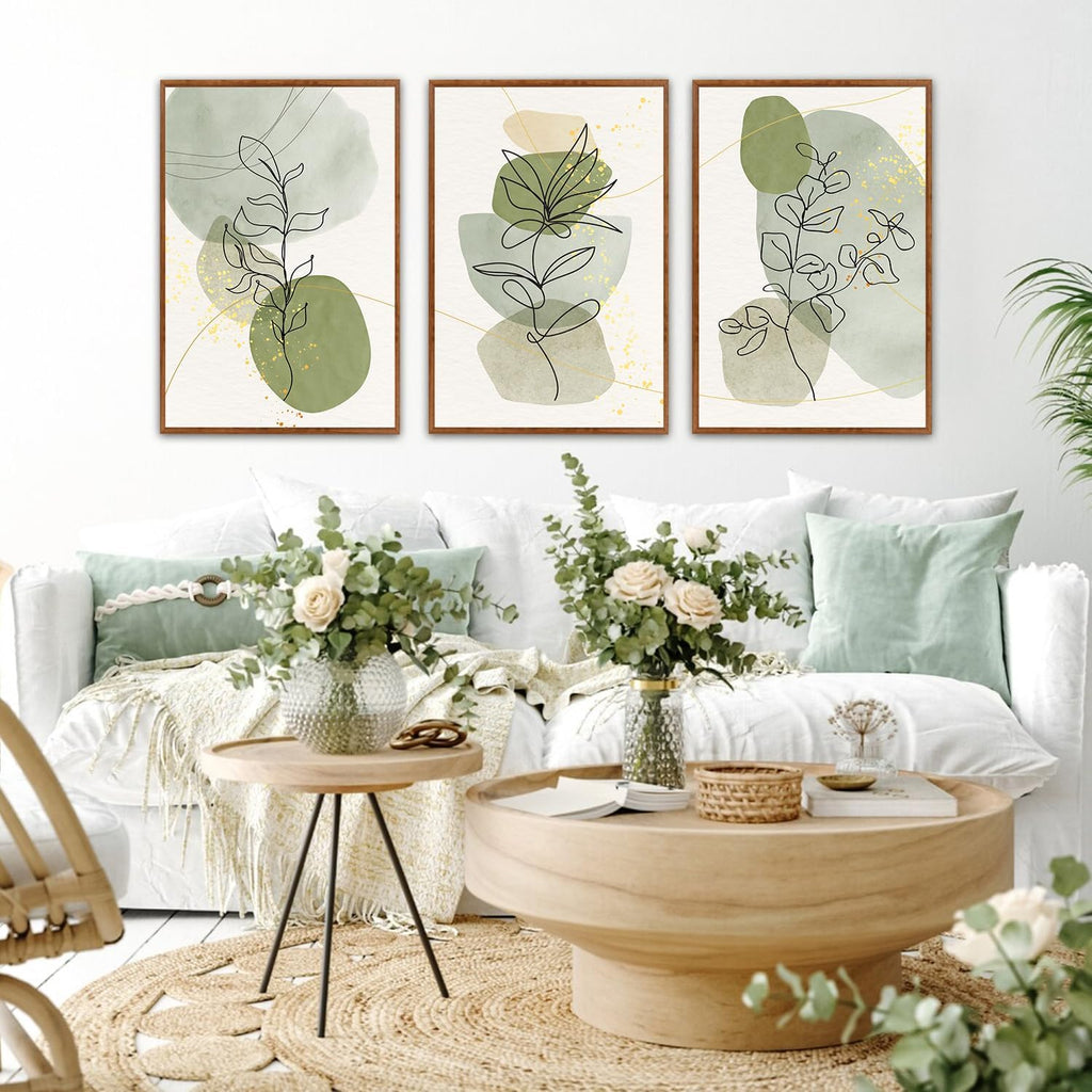 KAlRNE Boho Botanical Framed Canvas Wall Art Set of 3(24'X36'),Abstract Sage Green Wall Decor,Minimalist Watercolor Picture,Modern Geometric Black Line Art Prints For Living Room Bedroom Office