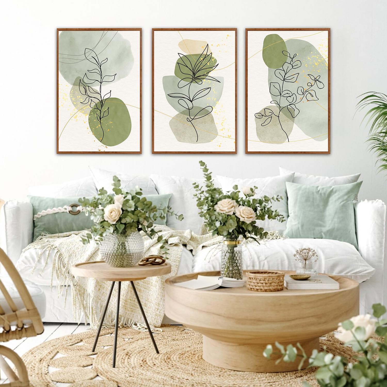 KAlRNE Boho Botanical Framed Canvas Wall Art Set of 3(24'X36'),Abstract Sage Green Wall Decor,Minimalist Watercolor Picture,Modern Geometric Black Line Art Prints For Living Room Bedroom Office