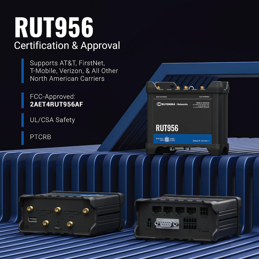 Teltonika RUT956 Industrial Cellular WiFi Router - 4G LTE (CAT 4), 3G, 2G Connectivity - Multiple Interfaces with GNSS Capabilities - Auto WAN Failover, Dual SIM Internet Router (TELRUT956A00A00)