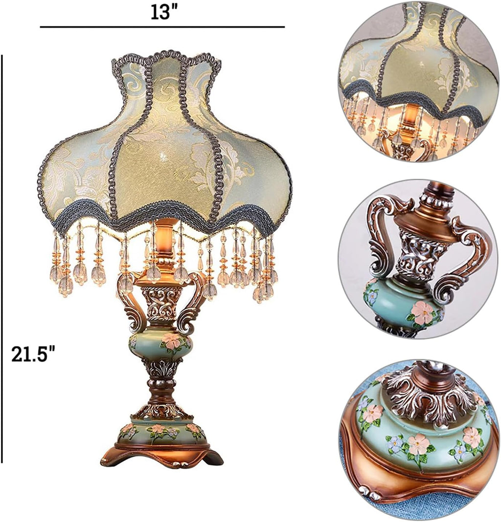 Victorian Lamp Antique Table Lamp with Lace & Fringe,Vintage Fabric Table Lamp with Shade,European Pastoral Night Stand Flower Floral Lamp Table Light for Bedroom Living Room