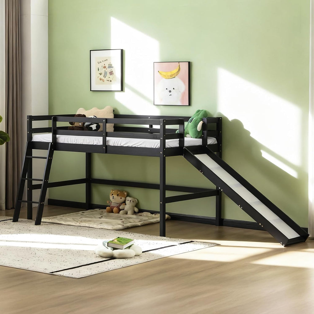 VINGLI 47 Inches Medium High Loft Bed with Slide, Space Saving Kids Low Loft Bed Twin Size with Guardrail and Flat Ladder, Pine Wood Bed Frame for Boys and Girls, Black