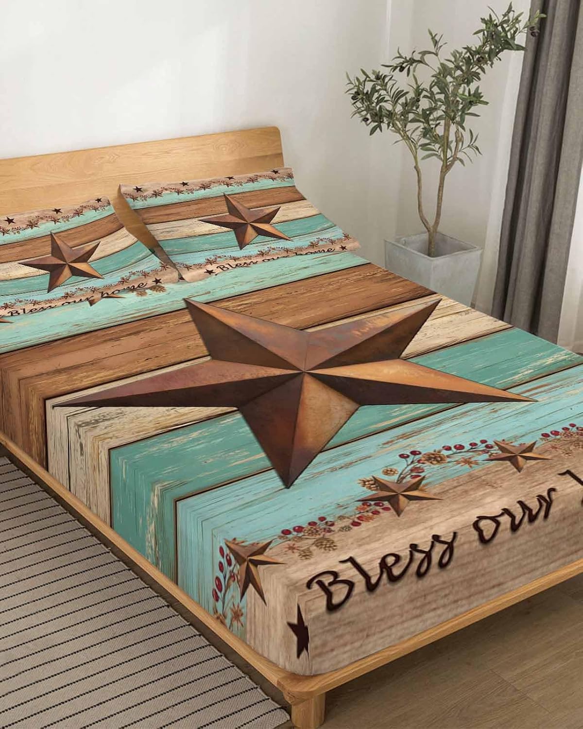 Western Texas Star Vintage Cal King Sheet Set 4 Piece Bedding - Retro Farmhouse Brown Green Wood Grain Breathable Comfy Cooling Bed Sheets & Pillowcase Sets,Hotel Flat Sheets Deep Pockets Fitted Sheet