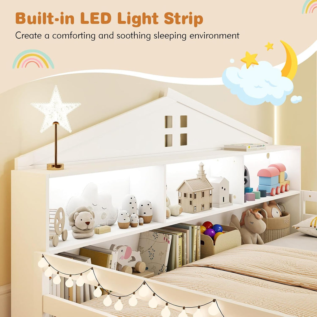 Giantex Full Size Montessori Floor Bed with LED Lights, 2-in-1 Wooden House Bed Frame with Safety Guardrails, Storage Compartments & Shelf, No Box Spring Needed, Without Slats, White