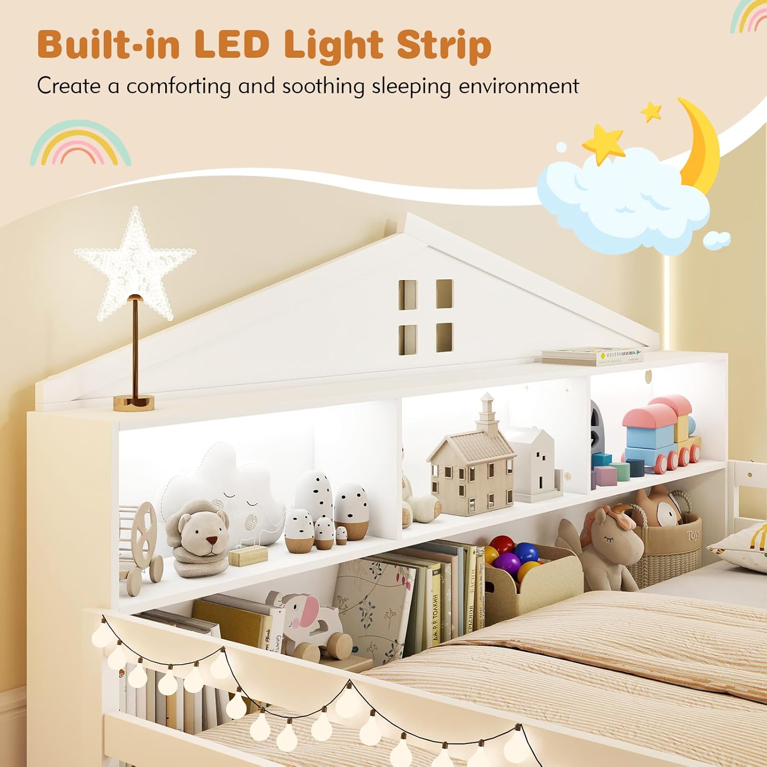 Giantex Full Size Montessori Floor Bed with LED Lights, 2-in-1 Wooden House Bed Frame with Safety Guardrails, Storage Compartments & Shelf, No Box Spring Needed, Without Slats, White