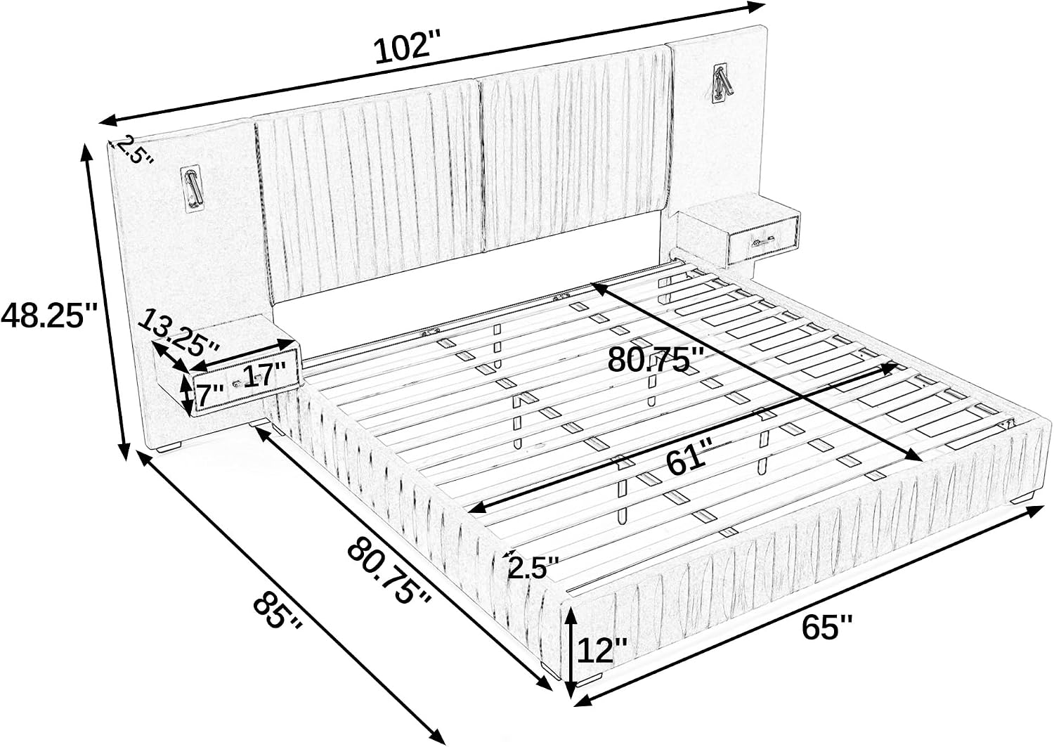 Merax Chenille Upholstered Queen Size Bed Frame with Wide Headboard and 2 Nightstands, Low Platform Bed Frame with Small Reading Lamp and Pleating Design for Adults, No Box Spring Needed, Blue Green