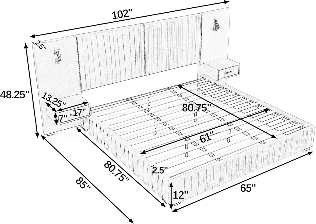 Merax Chenille Upholstered Queen Size Bed Frame with Wide Headboard and 2 Nightstands, Low Platform Bed Frame with Small Reading Lamp and Pleating Design for Adults, No Box Spring Needed, Dark Gray