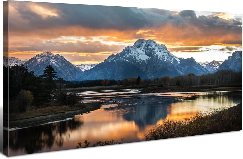 Extra Large Mountain Wall Art for Living Room Sunset Nature Grand Teton Wall Decor National Park Posters Wyoming Snake River Landscape Canvas Prints Artwork for Bedroom Office Home Decoration 35x70'