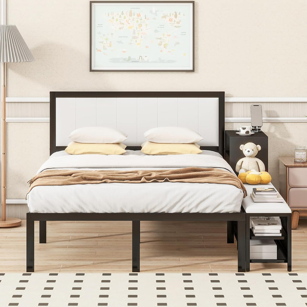 JIVOIT Full Size Bed Frame, Metal Platform Bed with Two-Tier Storage Shelves, Wooden Storage Cabinet, Upholstered Headboard, Cushioned Footrest at Bed's End, No Box Spring Needed (Black/Full,223)