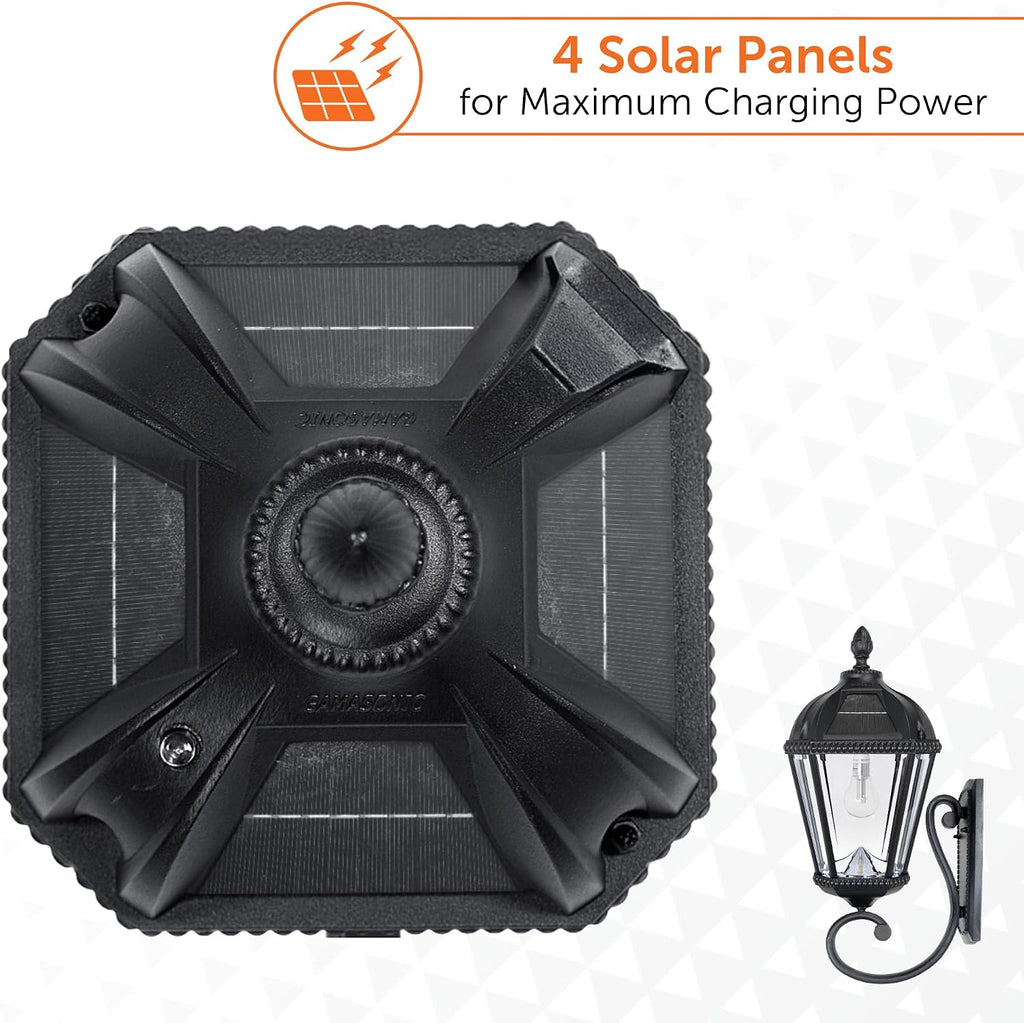 Gama Sonic Solar Outdoor Wall Light, Royal Bulb Exterior Sconce Lamp, Black Cast Aluminum, Clear Beveled Glass, Warm White LED with Omni-Direction Reflector, Large 21-Inch Height, 98B010 (Upgraded)