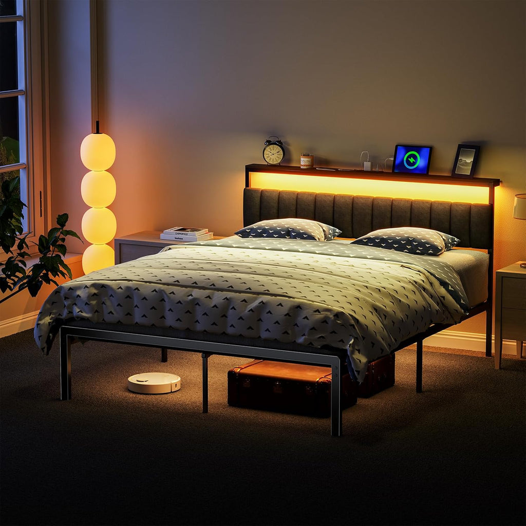 Queen Bed Frame no Box Spring Needed, Bed Queen Size with Headboard & Led Lights & Charging Station, Queen Metal Bed Frame, Queen Bed Frames Noise-Free/Assembly Easily, Black Bed Frame Queen