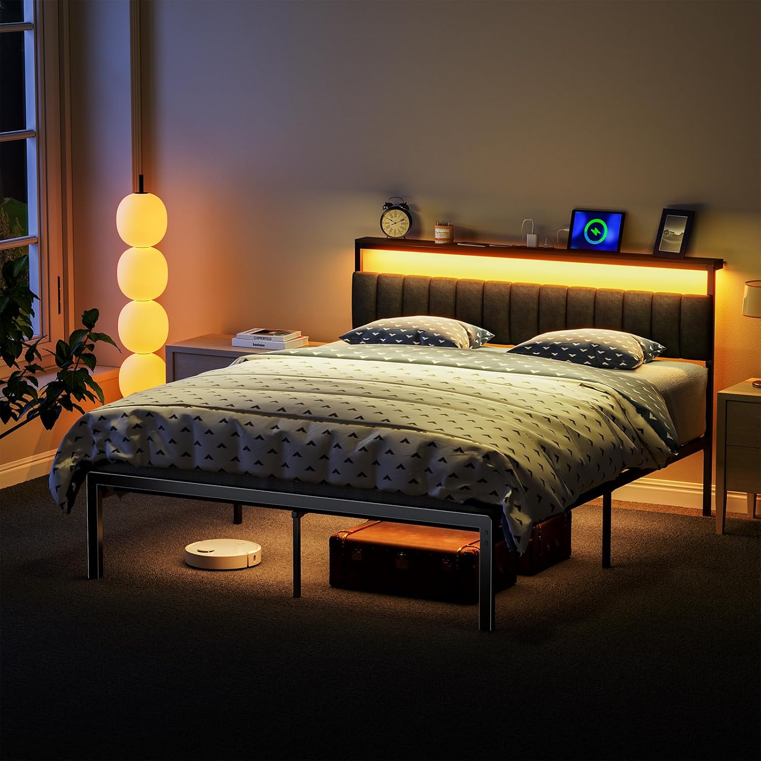 Queen Bed Frame no Box Spring Needed, Bed Queen Size with Headboard & Led Lights & Charging Station, Queen Metal Bed Frame, Queen Bed Frames Noise-Free/Assembly Easily, Black Bed Frame Queen