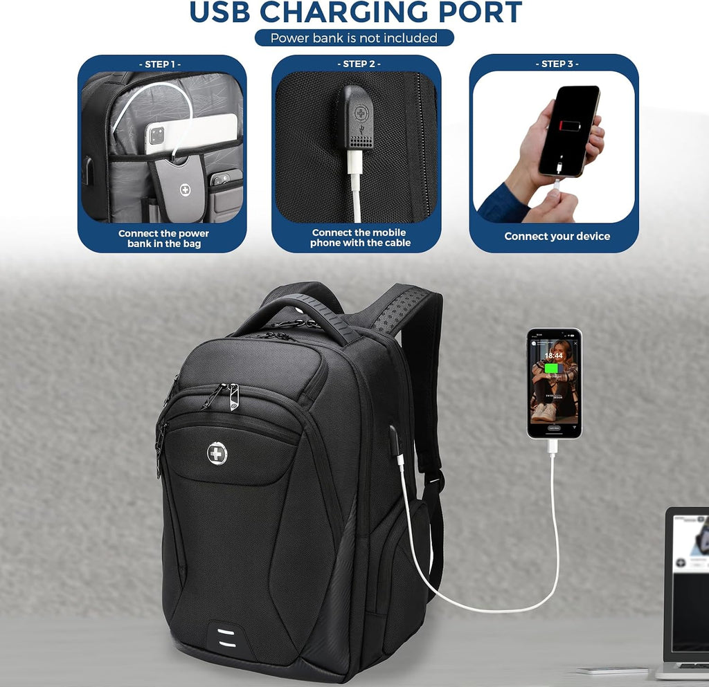 Swissdigital Design Men's Laptop Backpack for College and Business Travel with Integrated USB Charging Port and RFID Protection Fits Laptops up to 15.6 Inch, Black | SD1695-01