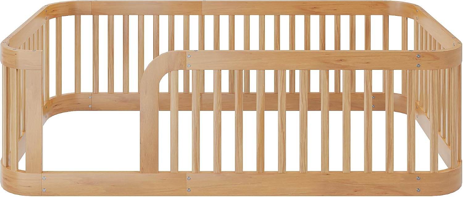 JIVOIT Twin Size Floor Bed Frame with Fence, Wood Montessori Floor Bed with Safety Guardrail, Easy Assembly (Natural/124)
