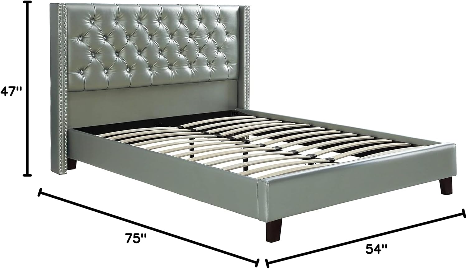 Full Bed Frame No Box Spring Needed | Full Size Bed 1Pc Bed Set Silver Faux Leather Upholstered Tufted Bed Frame Headboard Bedroom Furniture