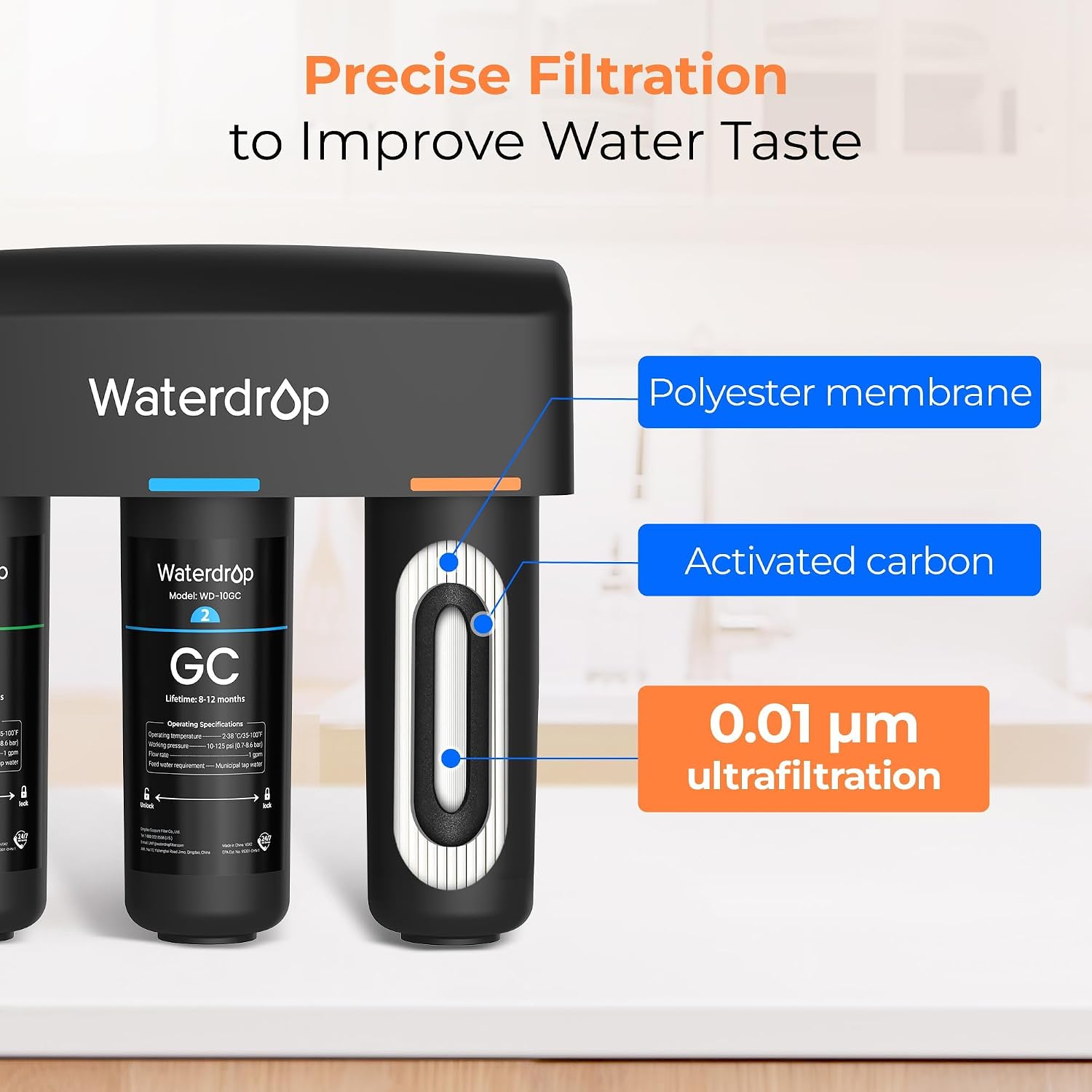Waterdrop WD-TSA-UF 0.01 μm Ultra Filtration Under Sink Water Filter, 9 Stage Under Sink Water Filtration System, Reduces Chlorine, Taste and Odor, Fluoride, Connects Directly to Your Faucet
