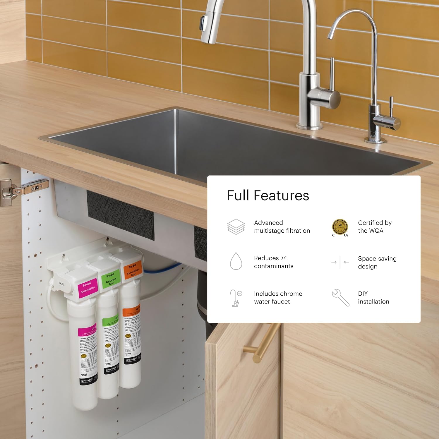 Brondell Coral UC300 Under Sink Water Filtration System – Reduces PFAS, Lead, & Chlorine in Drinking Water, Water Purifier with Designer Chrome Faucet – Quick Change Filter, WQA Gold Seal-Certified