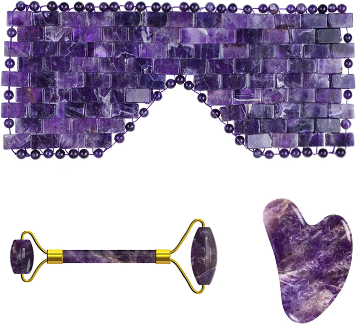 Amethyst Jade Roller Gua Sha Board for Face Lifting Natural Purple Crystal Eye Mask Facial Skin Care Tool,3in1 Set-Pu-VL