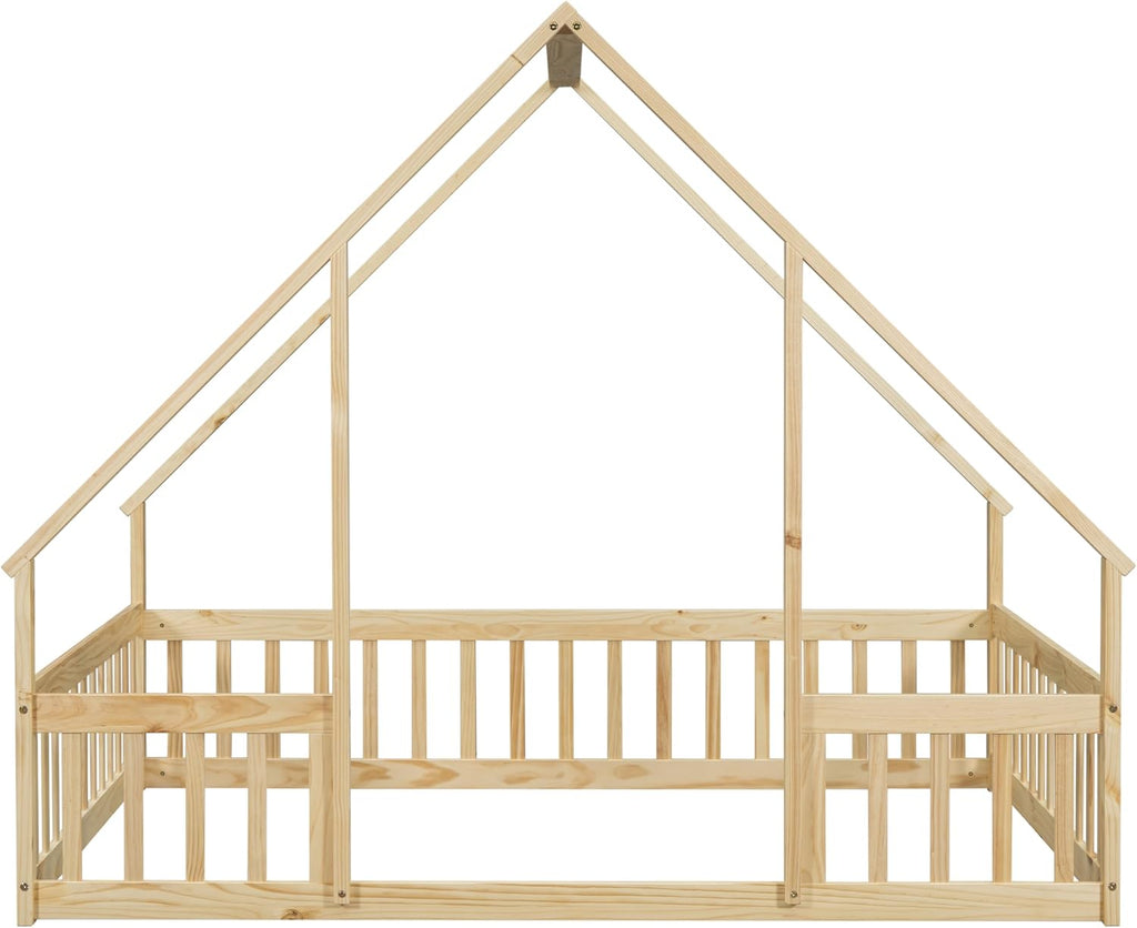 JIVOIT Full Wood House-Shaped Floor Bed with Fence and Guardrails, Wood House Roof Frame, Montessori Floor Bed Frame (Natural-Full,129)