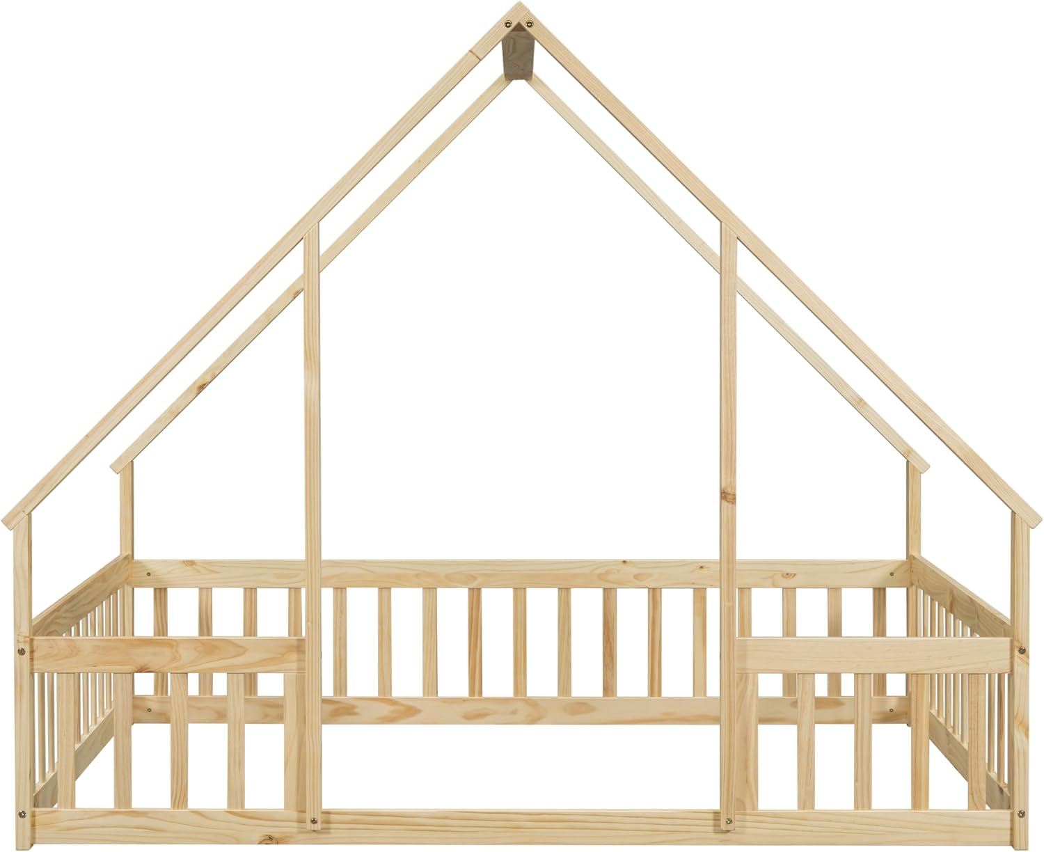 JIVOIT Full Wood House-Shaped Floor Bed with Fence and Guardrails, Wood House Roof Frame, Montessori Floor Bed Frame (Natural-Full,129)