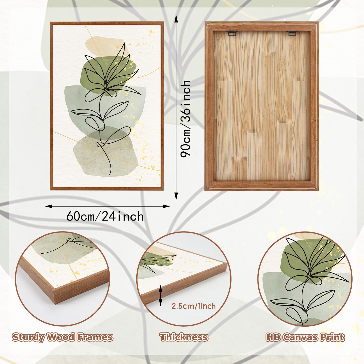 KAlRNE Boho Botanical Framed Canvas Wall Art Set of 3(24'X36'),Abstract Sage Green Wall Decor,Minimalist Watercolor Picture,Modern Geometric Black Line Art Prints For Living Room Bedroom Office