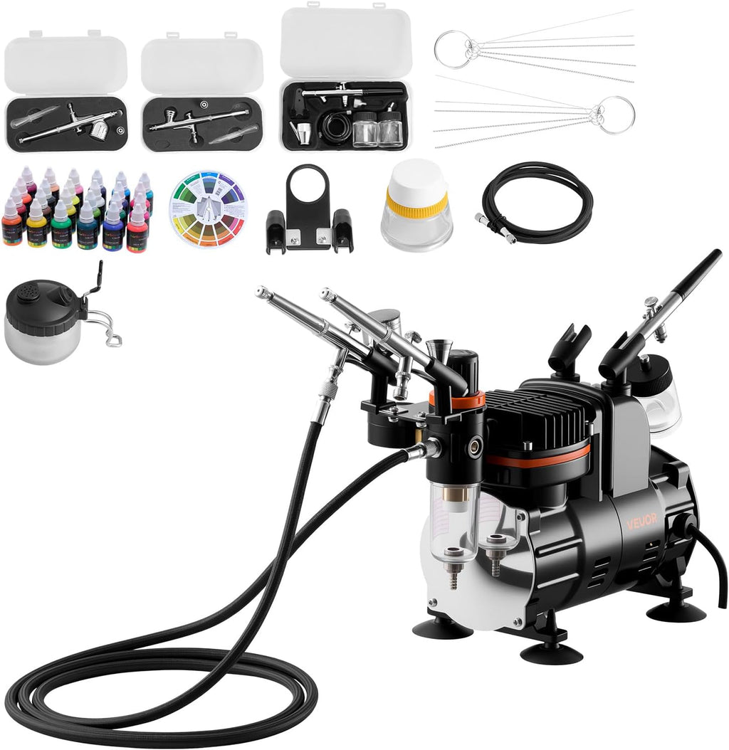 VEVOR Airbrush Kit, 1/6 HP, Air Brush Kit with Air Compressor, 3 Dual-Action Professional Airbrushes with 3 Tips, Hose, Acrylic Paint, Brush, Low Noise, for Cake Decorating, Model Painting, Nail Art