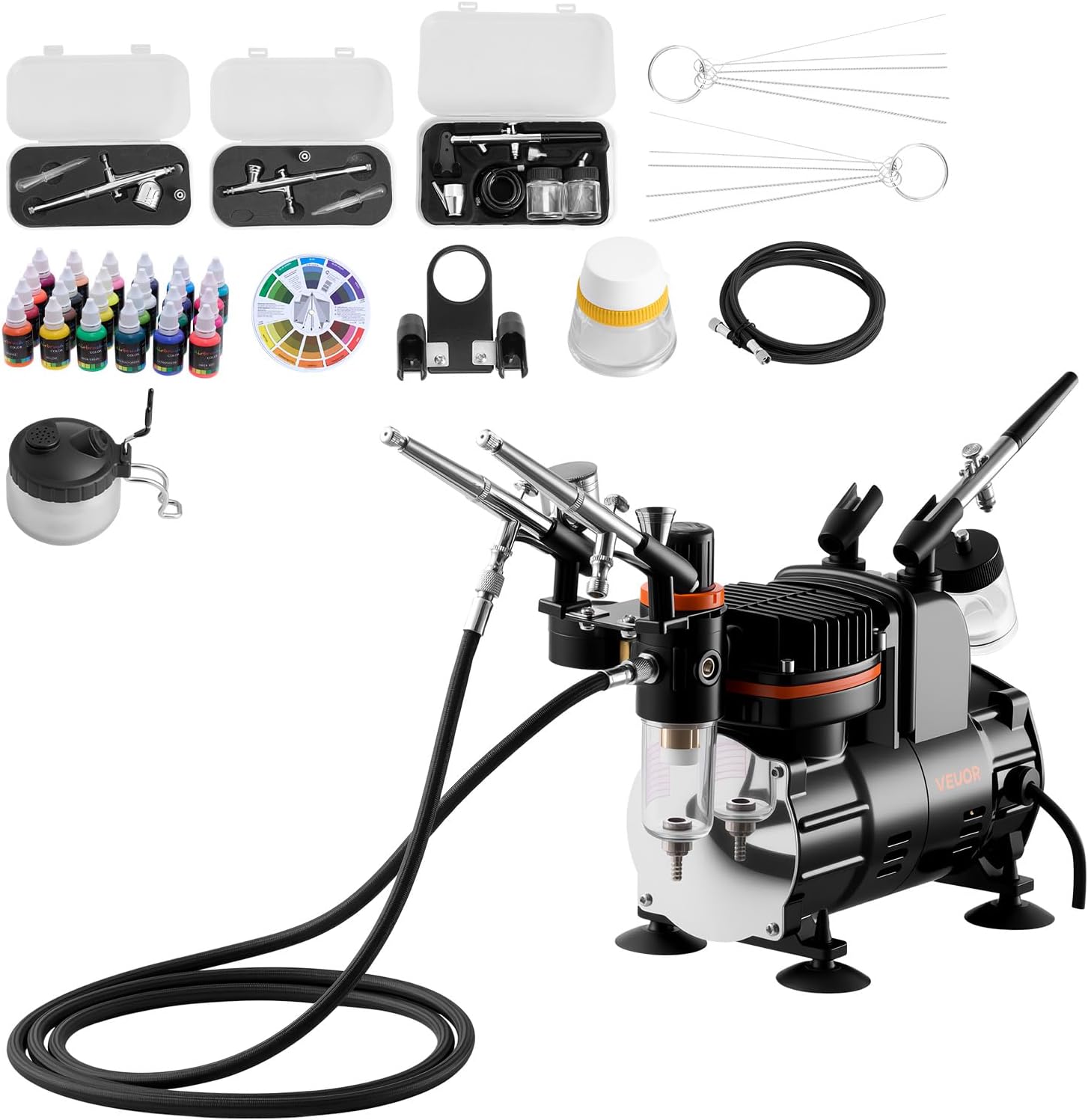 VEVOR Airbrush Kit, 1/6 HP, Air Brush Kit with Air Compressor, 3 Dual-Action Professional Airbrushes with 3 Tips, Hose, Acrylic Paint, Brush, Low Noise, for Cake Decorating, Model Painting, Nail Art