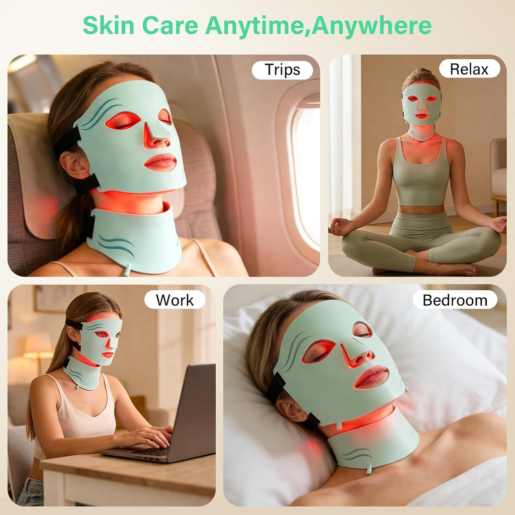 LED Face Mask Light Therapy with Neck, 7-Color Skin Care Mask for Home Use, Red 630±5nm & Near Infrared 830nm, Helps Reduce Wrinkles & Inflammatory Acne（Green）