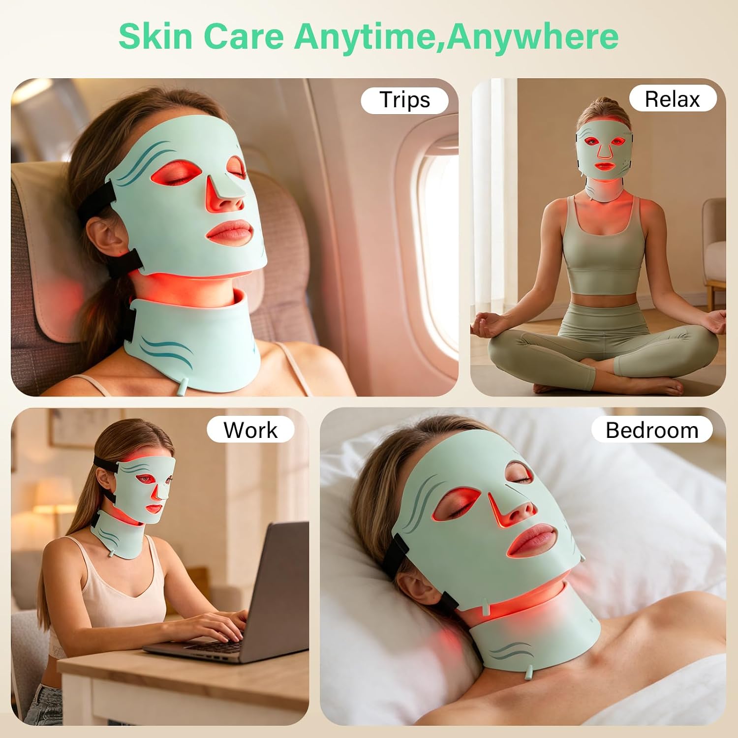 LED Face Mask Light Therapy with Neck, 7-Color Skin Care Mask for Home Use, Red 630±5nm & Near Infrared 830nm, Helps Reduce Wrinkles & Inflammatory Acne（Green）