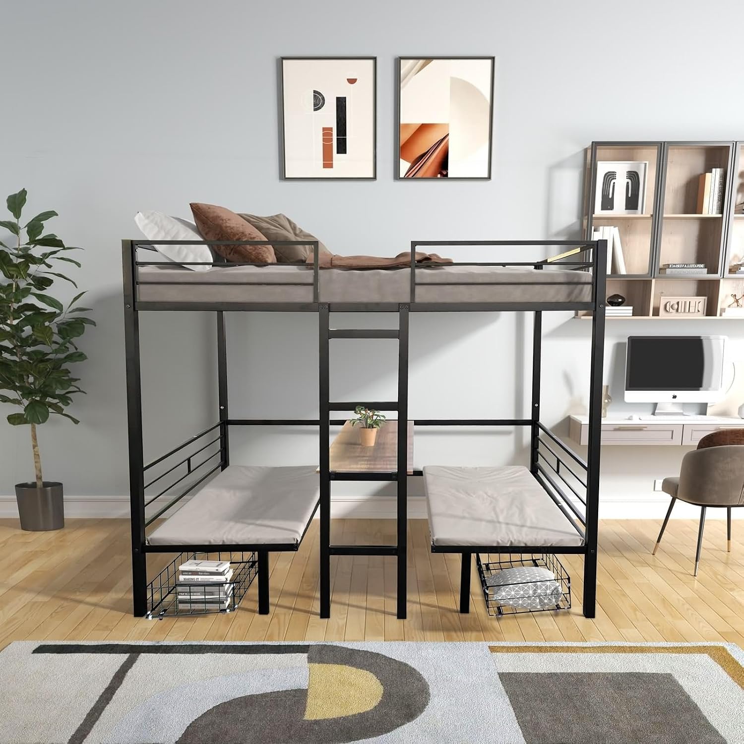 Bed Frame Twin Size Loft, Black Bed Frame Men with Table Sets Transformable to Twin Over Twin Bunk Steel 77.95' L x 41.34' W x 68.9' H