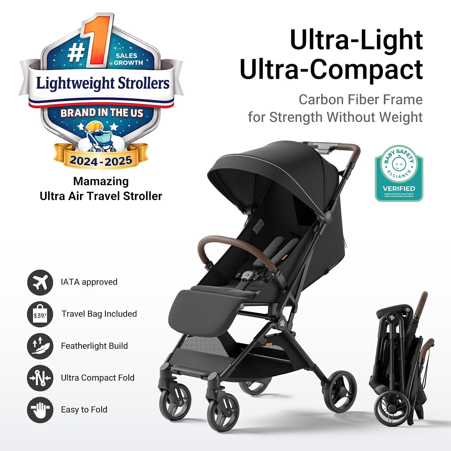 MAMAZING Ultra Air Lightweight Baby Travel Stroller with Carbon Fiber Frame, Compact & Airplane-Friendly, One-Handed Fold, 11.6 lbs, Perfect for Toddlers, Jet