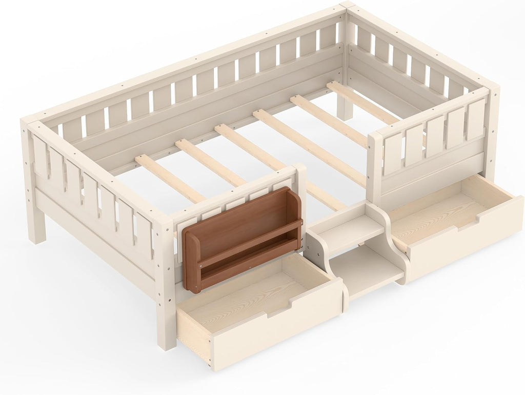 Bellemave Twin Kids Montessori Bed with Stairs, Bookshelf and Drawers, Solid Wood Kids Bed Frame with Storage for Boys Girls, Low Profile,Beige