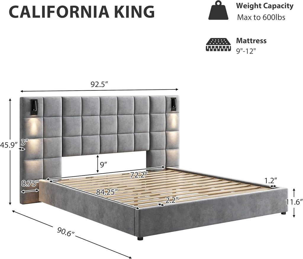 Merax Velvet Upholstered California King Size Bed Frame with Wide headboard and Small Reading Lamp with USB Port, Low Platform Bed Frame for Adults, Without Bedside Tables and Mattress, Gray