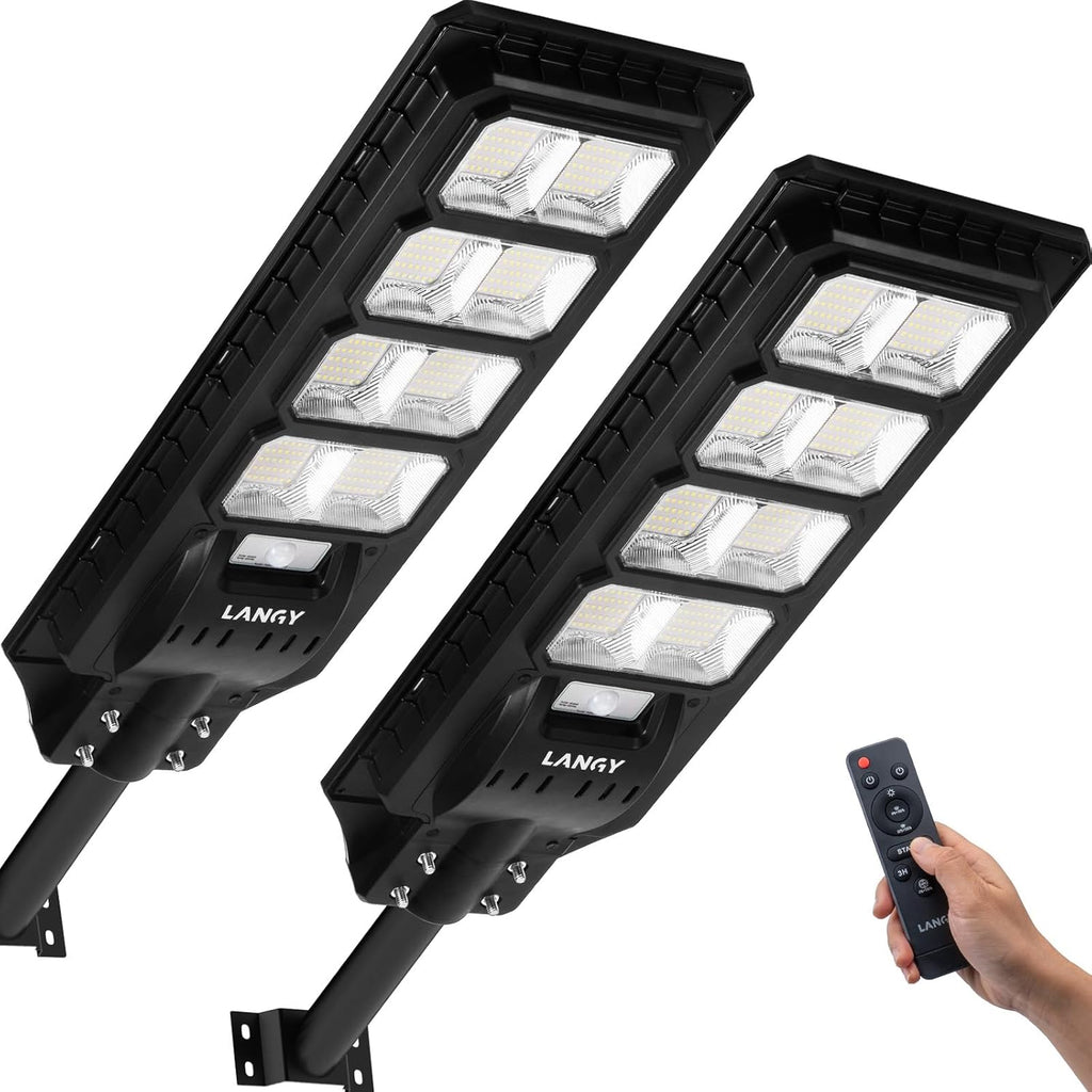 LANGY 2PACK Solar Street Lights Outdoor Lamp 200000 lumens with Remote Control,Dusk to Dawn Motion Sensor,IP66 Waterproof Solar Powered Outdoor Lamp for Parking Lots,Yard,Barn Basketball Court