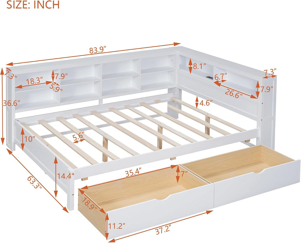Full Size Daybed with 2 Drawers,Minimalist Wooden Sofa Bed Frame with Storage Shelf and USB Charging Ports for Bedroom, Studyroom, Guestroom, Livingroom (White-WD54)