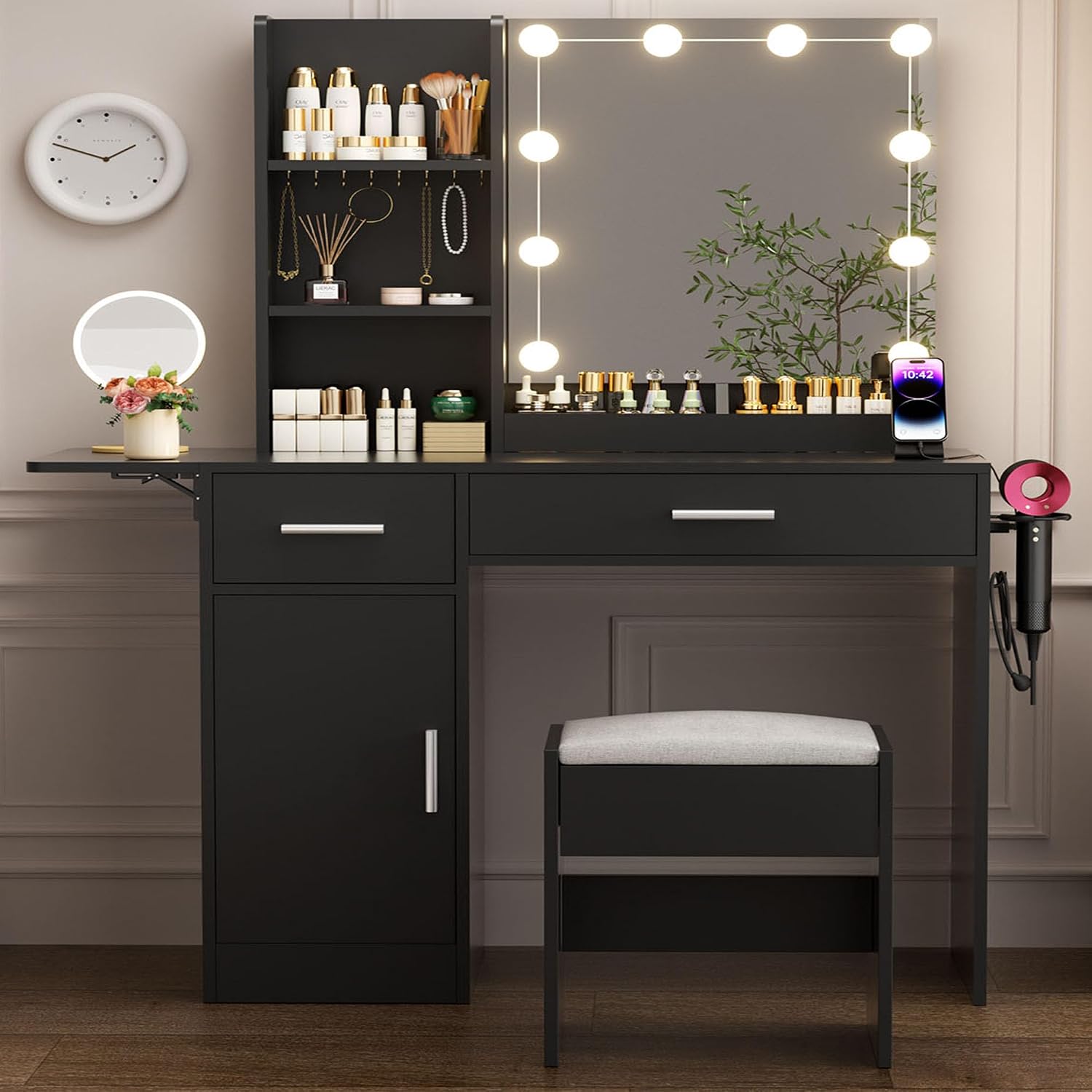 ERLEJIA Vanity Desk with Mirror and Lights, 43.3' Makeup Desk with Stool and Power Outlet, 5 Drawers and Open Shelves Make Up Table for Bedroom, Black
